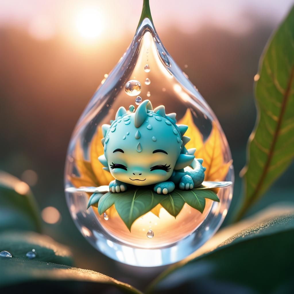 A cute chibi Dragon sleeping inside a water drop..