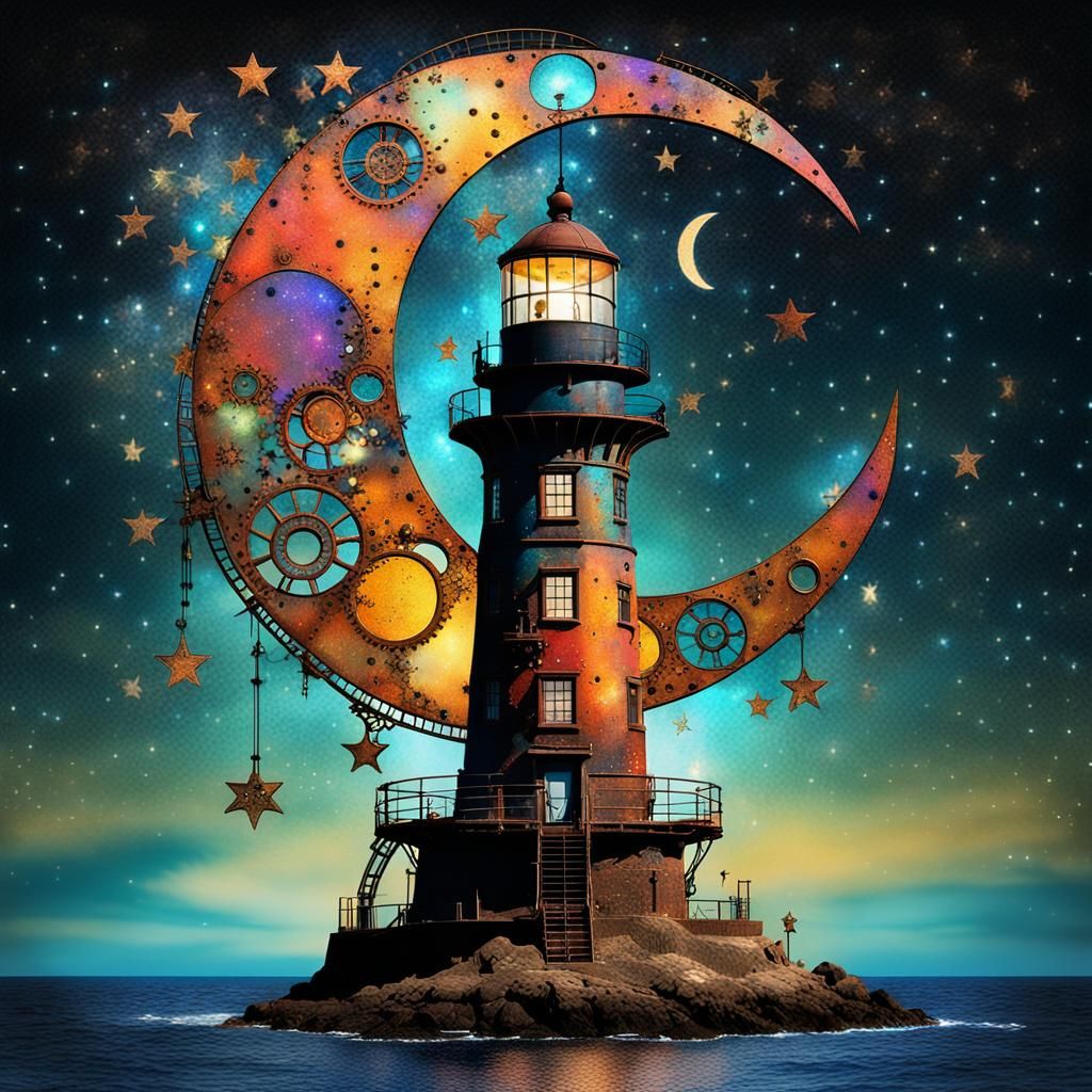 Steampunk Crescent Moon and Lighthouse Double Exposure