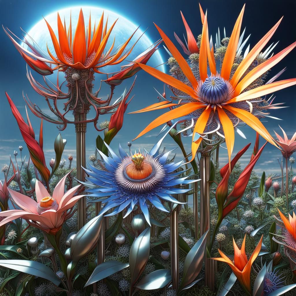 Cybertron: Field of Metal Flowers in Futuristic Style