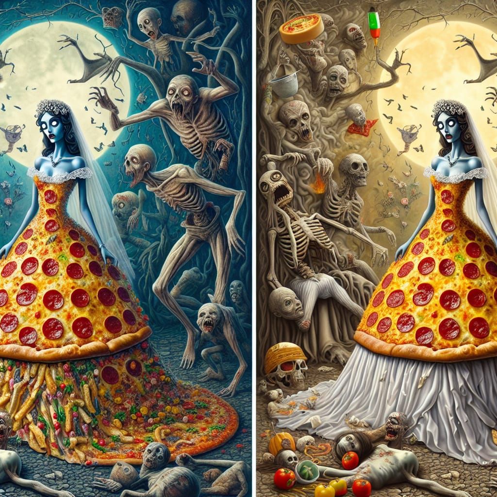 Corpse Bride in Pizza Dress: Surreal 3D Horror