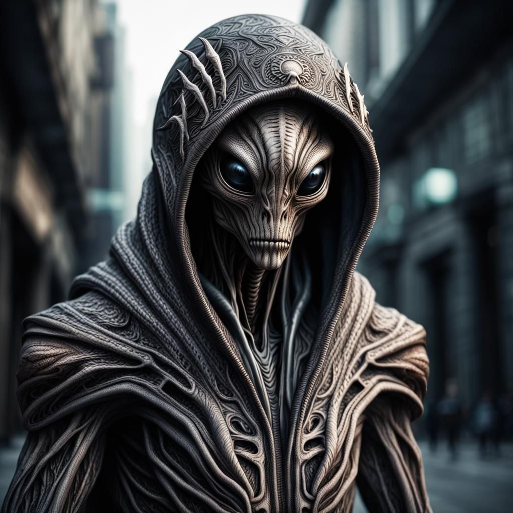 Hyperrealistic Hooded Alien Creature in HDR