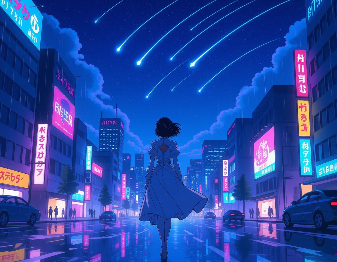 Anime Cityscape: Woman Gazes at Shooting Stars