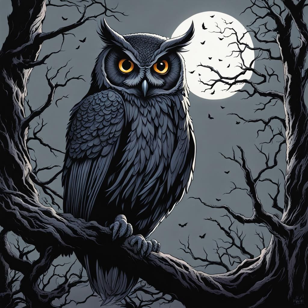 Ominous Owl at Twilight in Comic Art Style