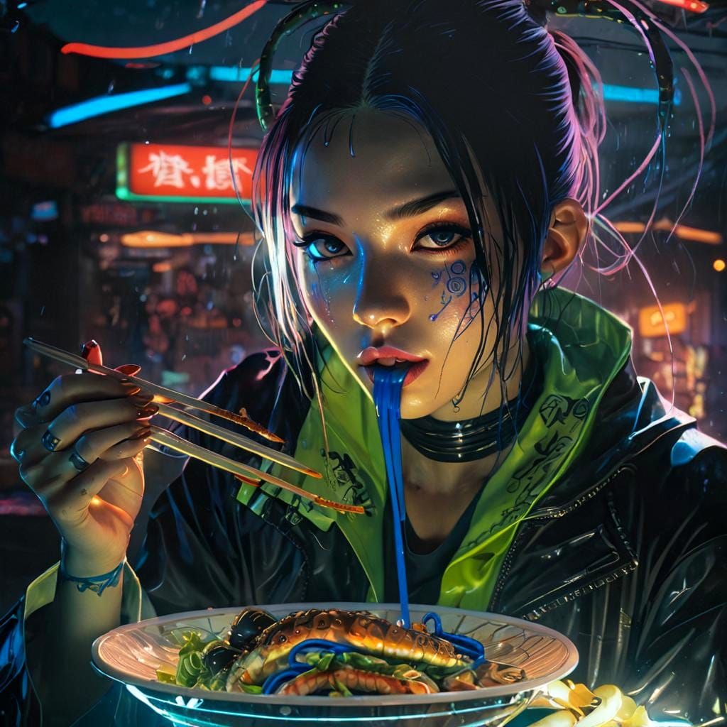 Cyberpunk Girl Eating Alien Tentacles in Neon Noir