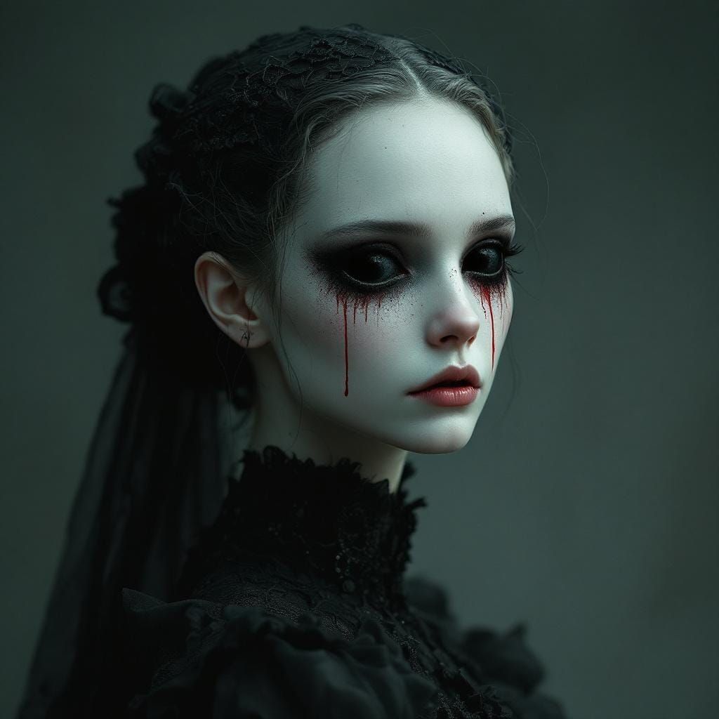 Mystical Porcelain Woman with a Tear, Dark Aesthetic