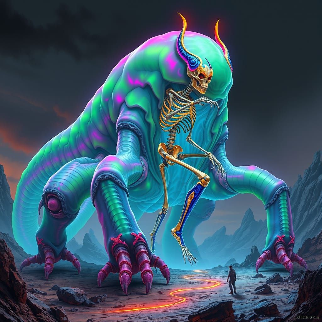 Glow Slime Monster with Skeleton in Biomechanical Style