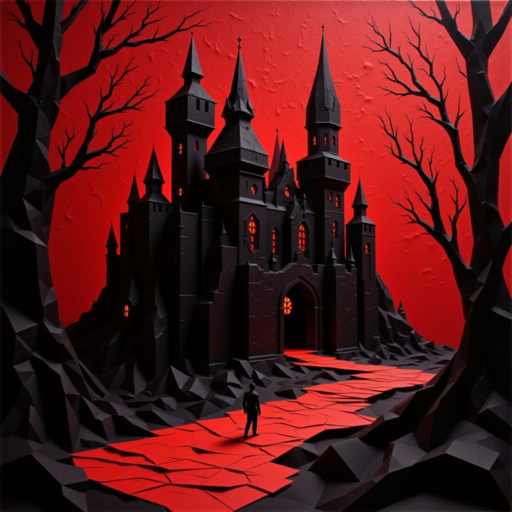 Surreal Origami Castle in Film Noir Style