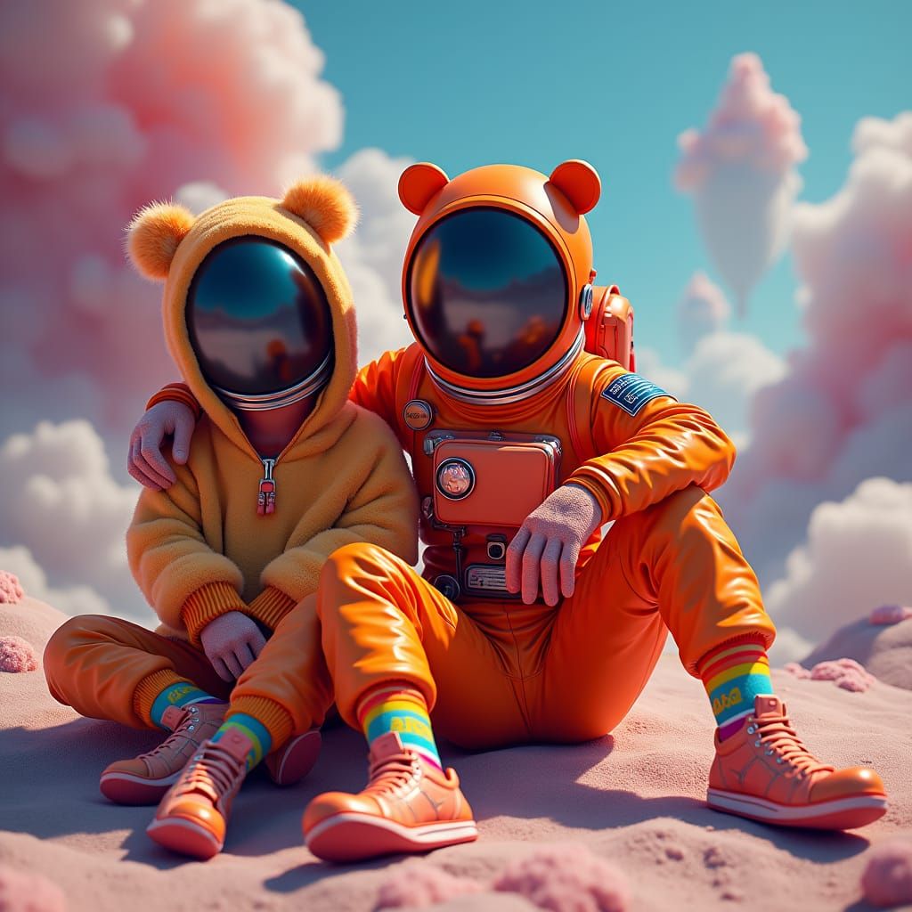 Astronaut with Rainbow Socks in Dreamlike Environment