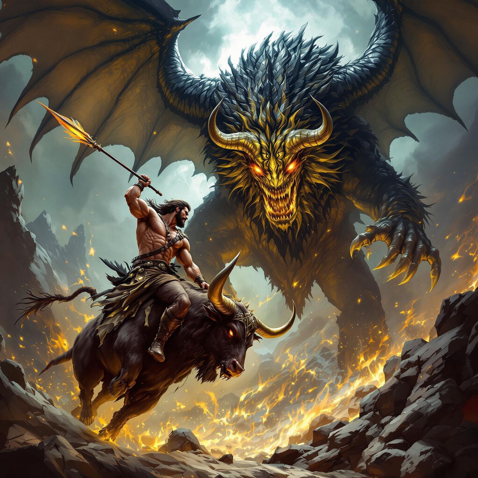 Epic Dark Fantasy Warrior Battles Mythical Beast in a Stormy...