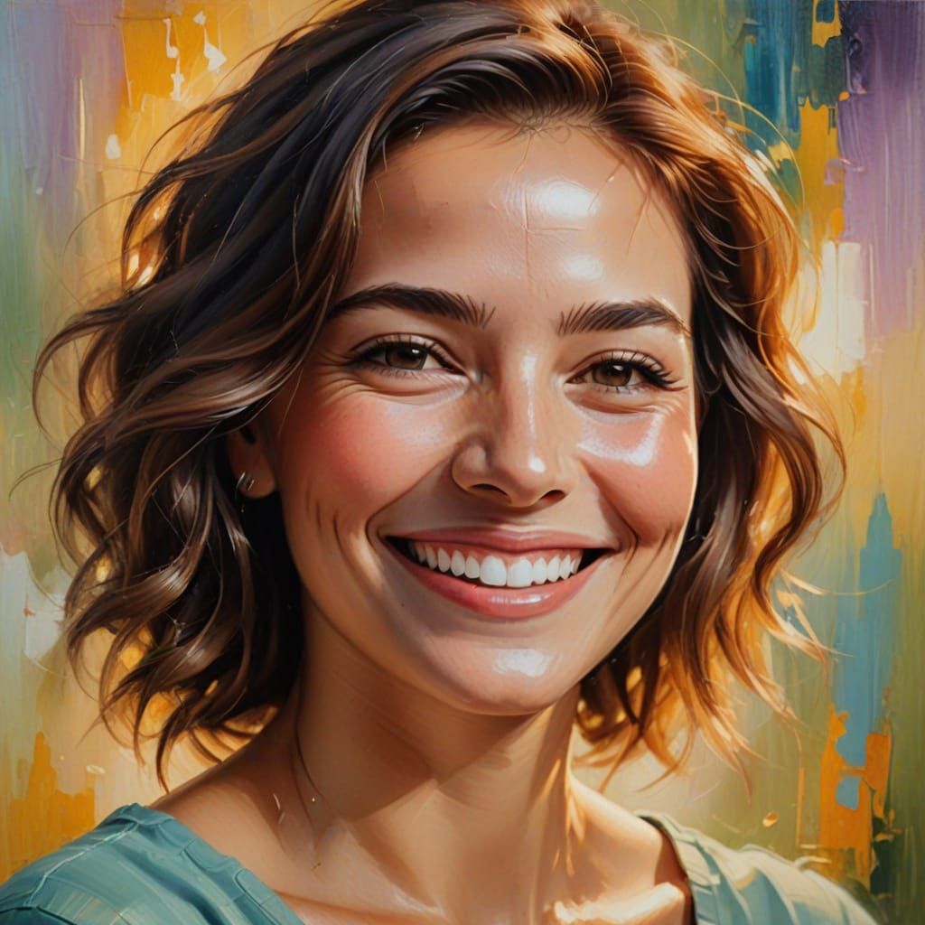 Smiling Woman in Oil Painting with Golden Lighting