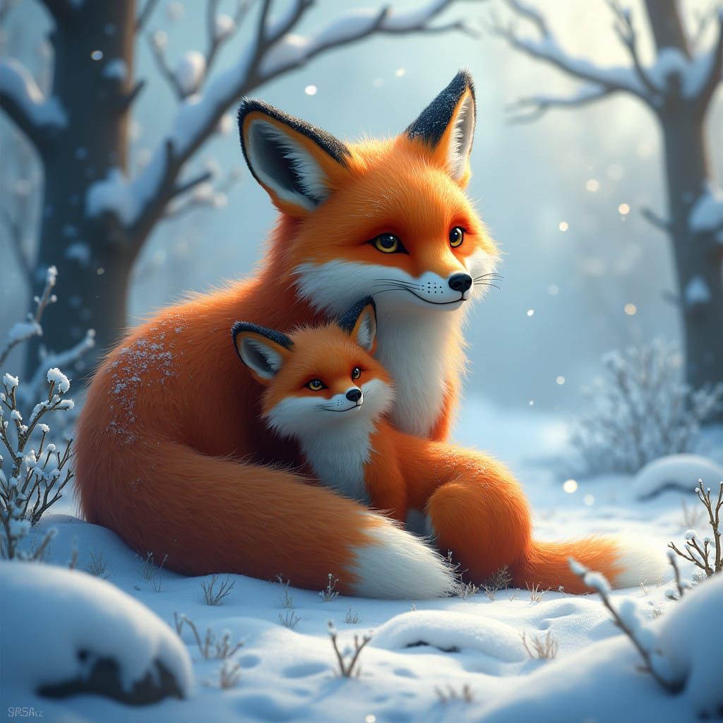 Majestic Red Fox and Kit in a Winter Wonderland Scene