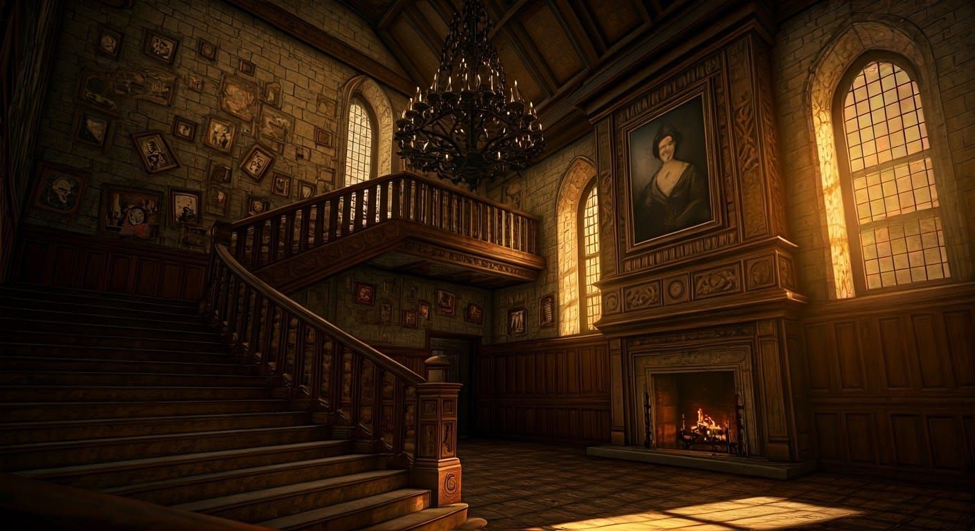 Medieval-Inspired Reception Hall with Ornate Chandelier and...