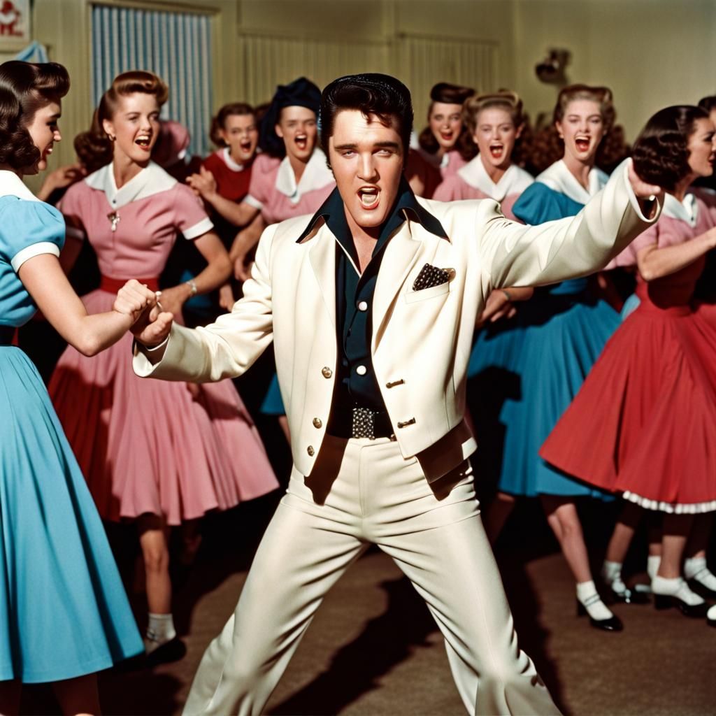 Elvis Presley Dances with Teenage Girls, 1950s Photo