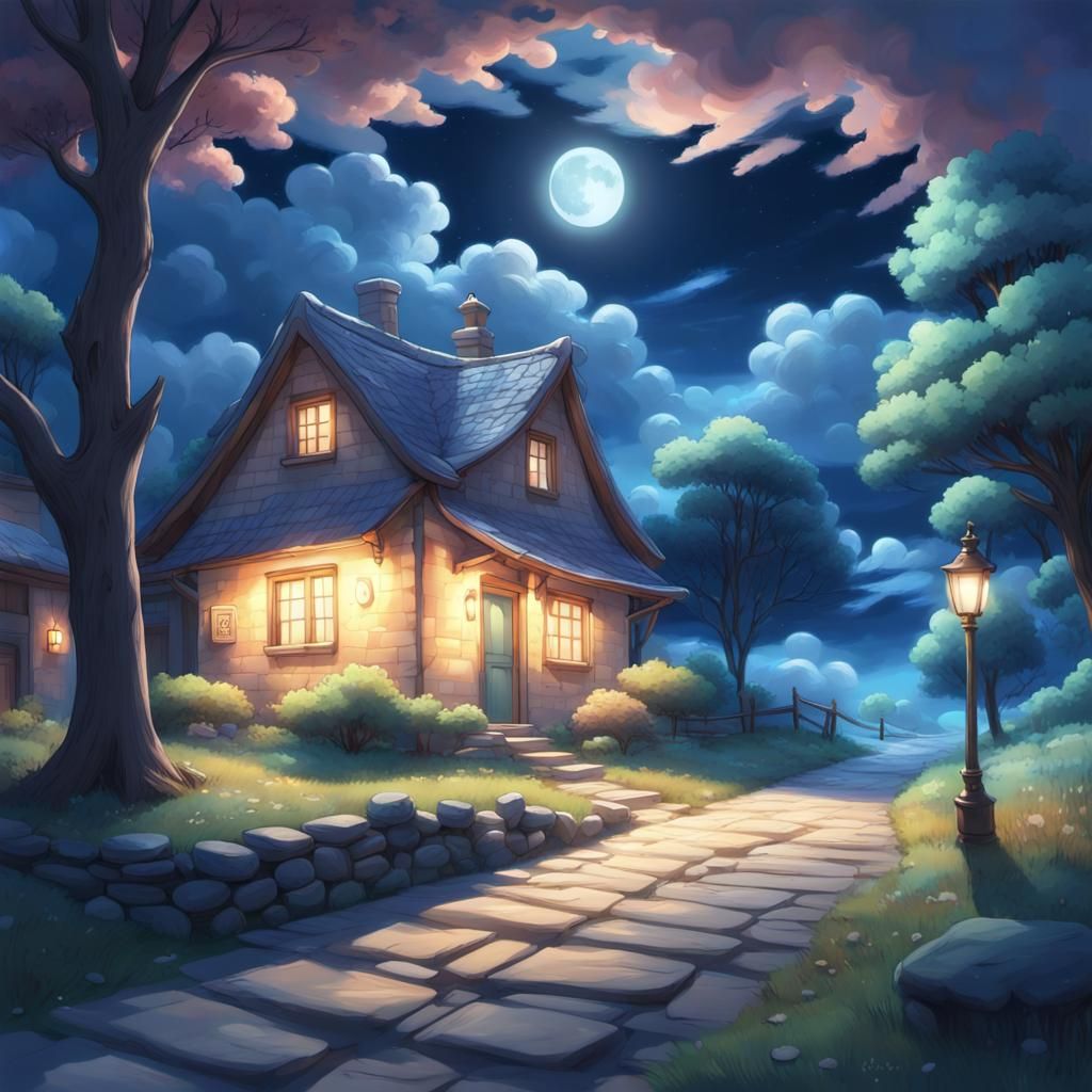 Tranquil Rural Cottage at Night in Anime Style