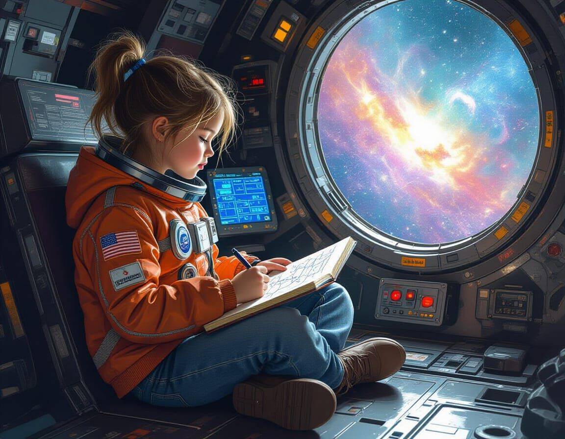Girl Sketching Nebula in Spaceship, Mead Style