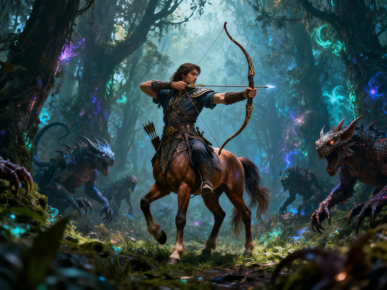 Centaur Archer in Enchanted Forest with Mythical Beasts