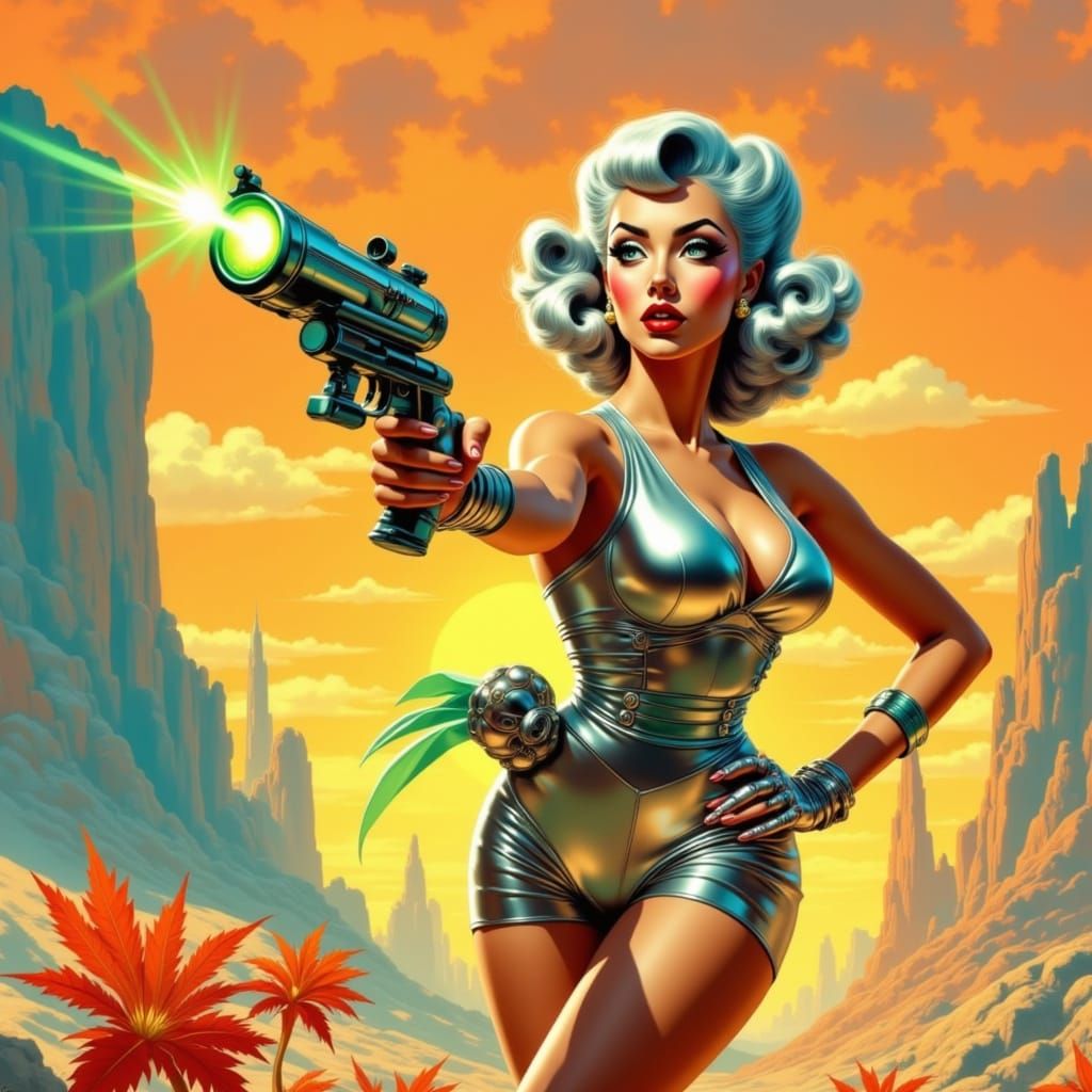 Sultry Pin-Up Siren Wields Retro Futuristic Ray Gun
