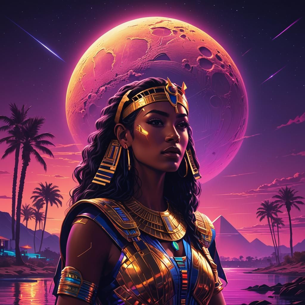 Synthwave Nile Moon Portrait in Neon Retro Style