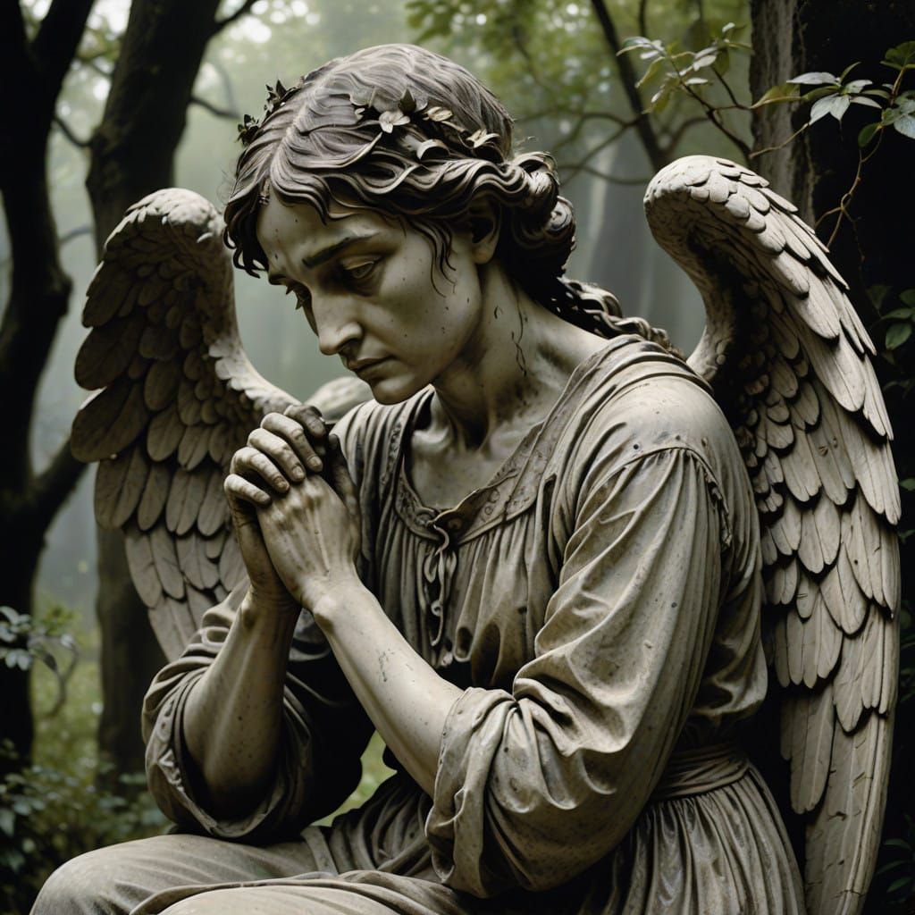 Surreal Concrete Angel in Mid-Flight, Gothic Monument Style