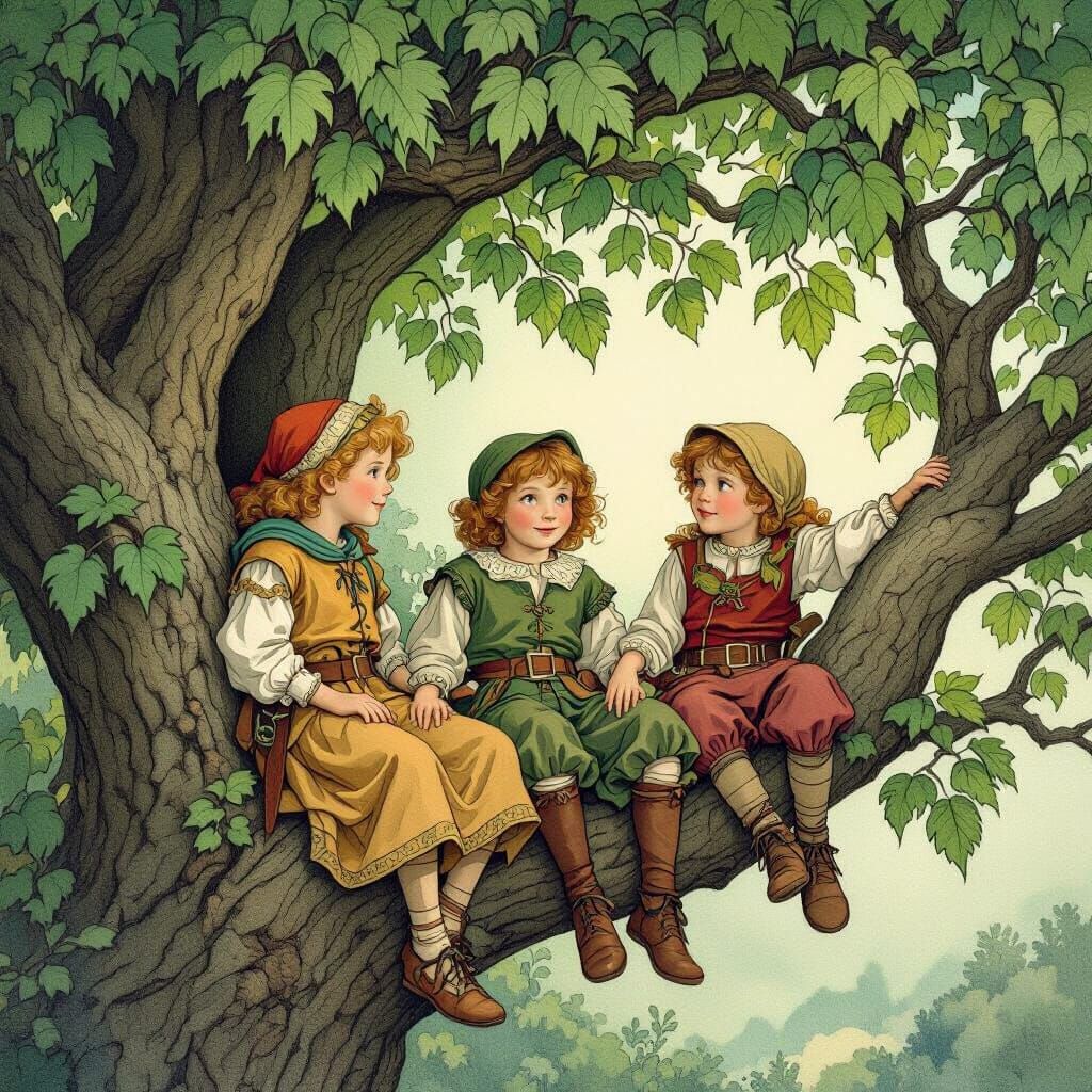 Whimsical Medieval Children Lounging in Tree