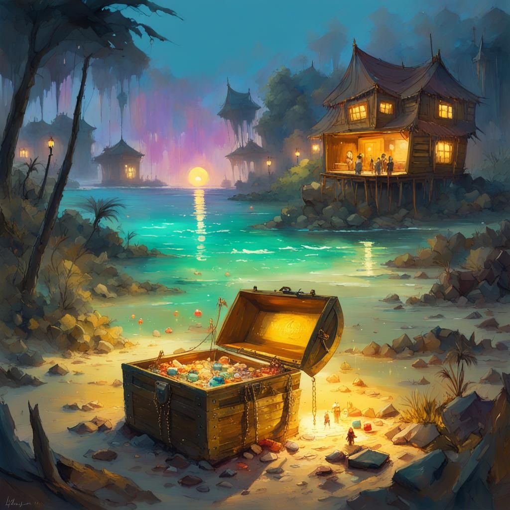 Tropical Lagoon Treasure Chest: Watercolor Fantasy Art