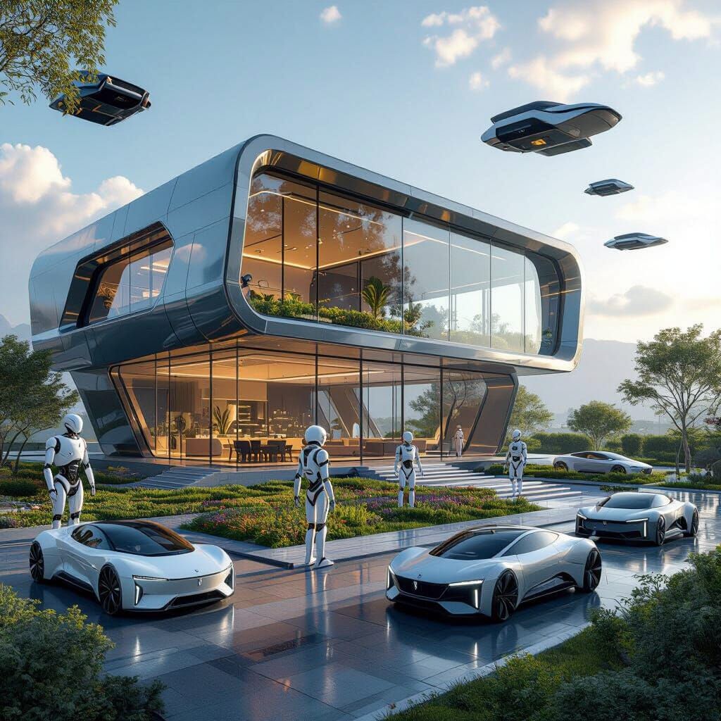 Futuristic Glass Mansion with Robots and Flying Cars