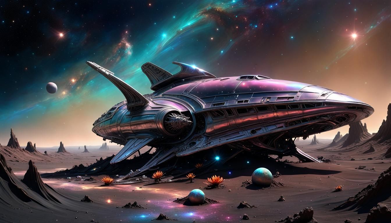 Crashed Starship Sculpture with Glowing Flora, Watercolor Ar...