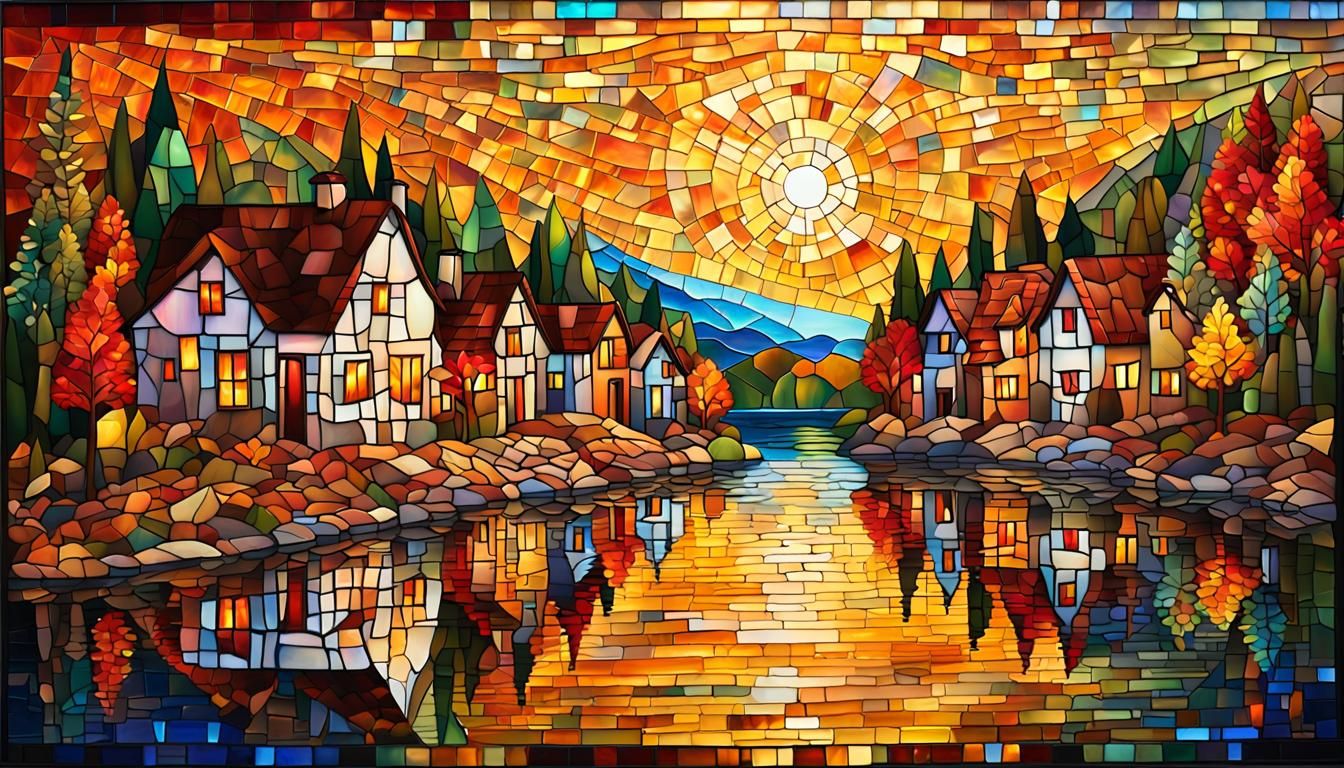 Vibrant Glass Mosaic of Autumn Village at Sunset