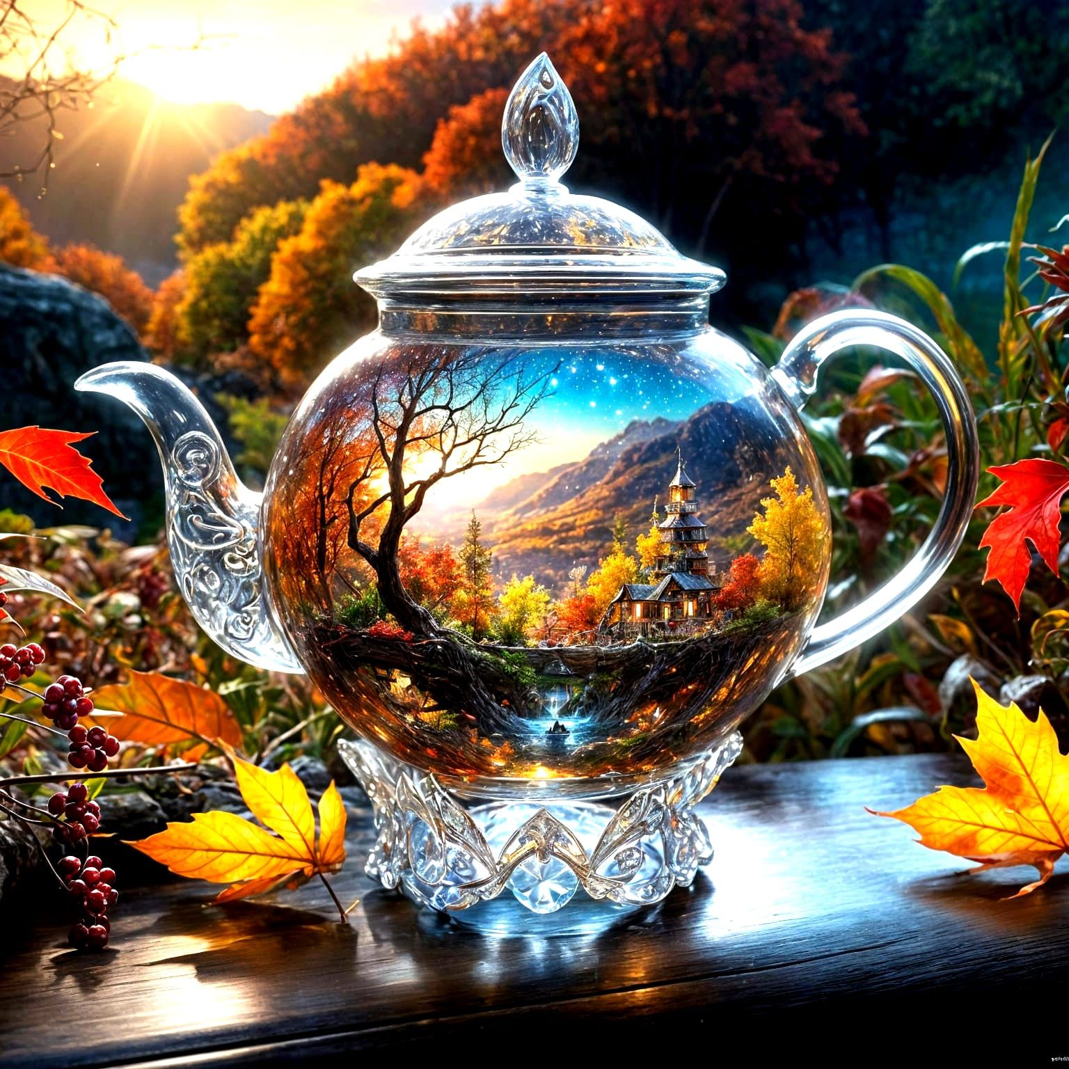 Starlit Autumn Landscape Flowing from Teapot