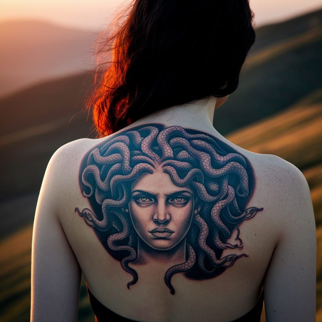Ethereal Medusa Tattoo Portrait in Warm Golden Hues