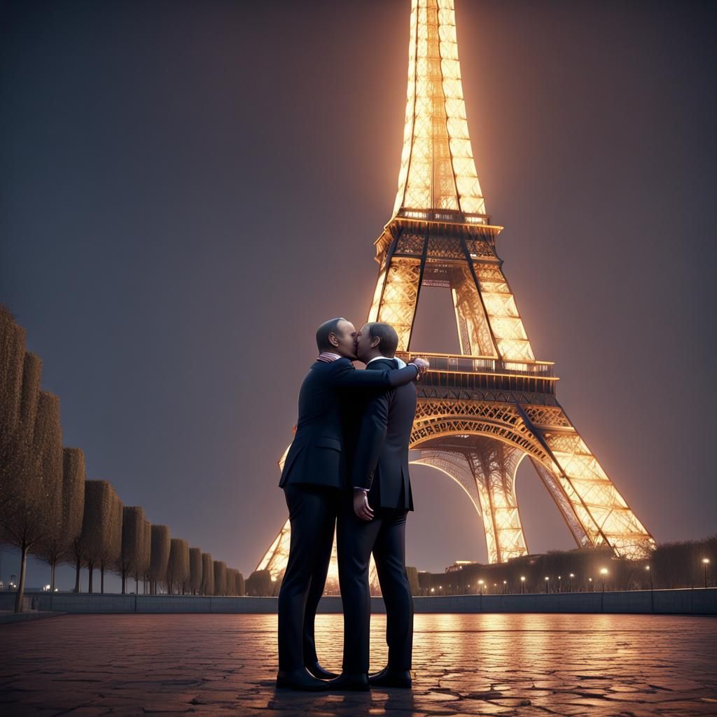 Putin and Macron Kiss: 3D Game Cinematic Image