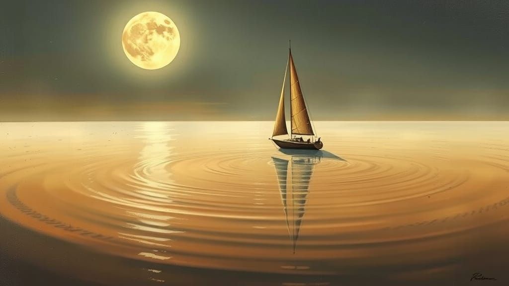 Surrealist Sailboat Glides Across Moonlit Lake