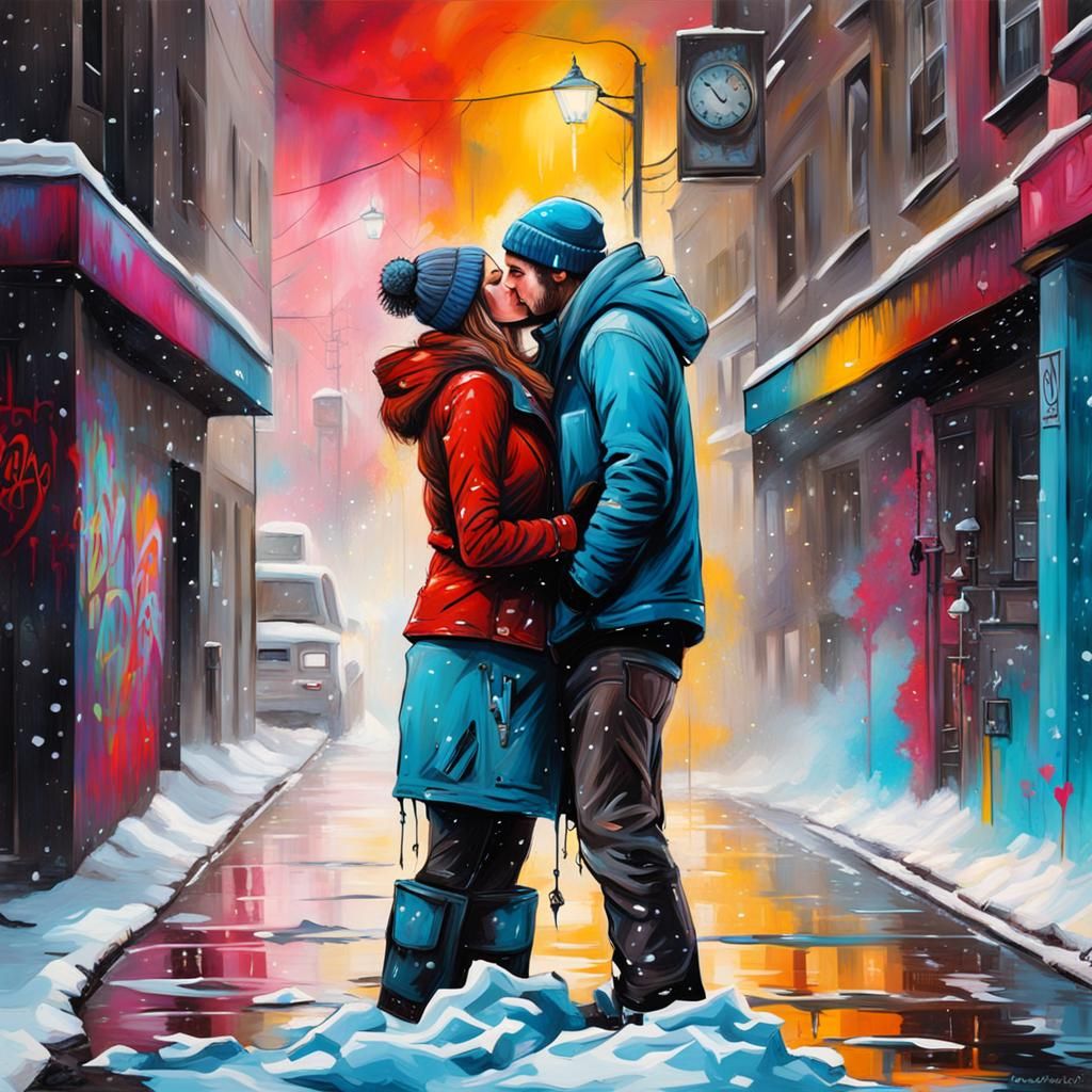 Romantic Winter Kiss in Graffiti Splash Art
