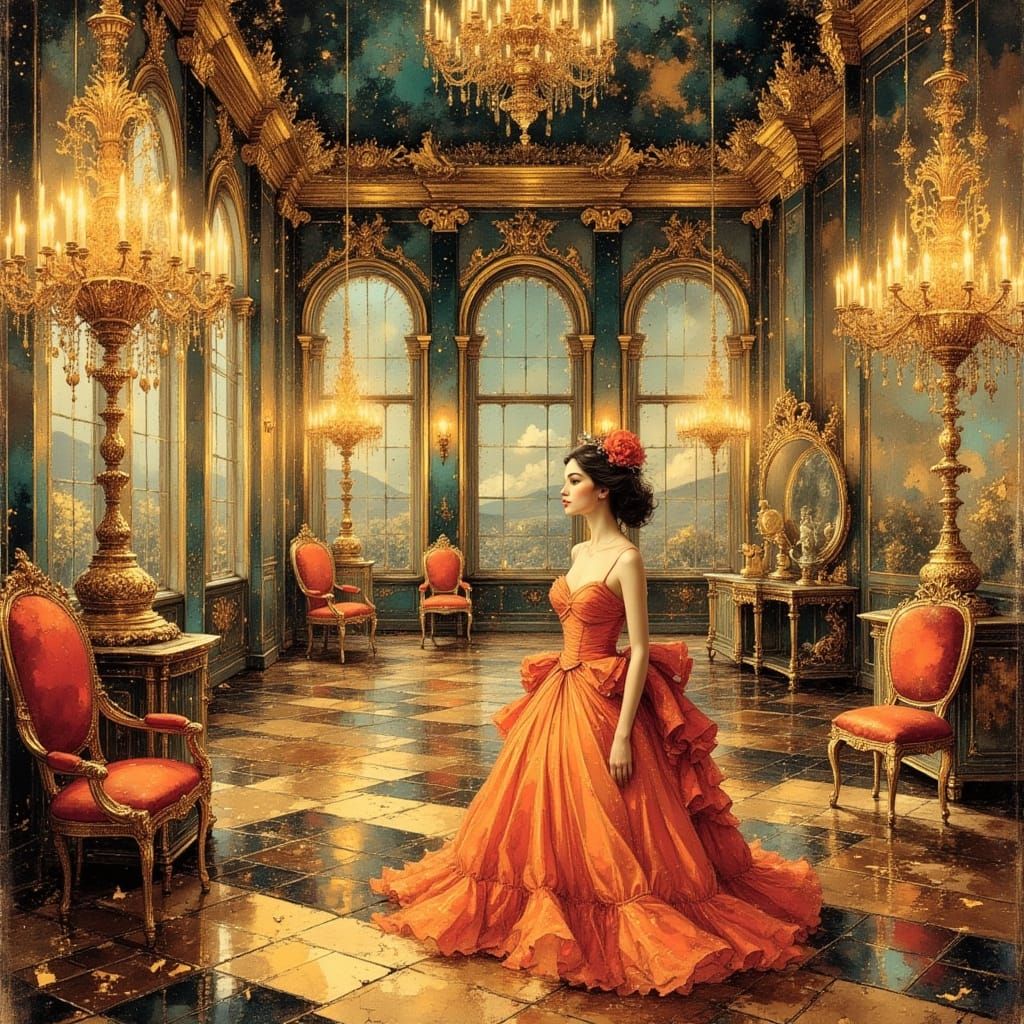 Elegant Woman in Lavish Ballroom, Mucha Style