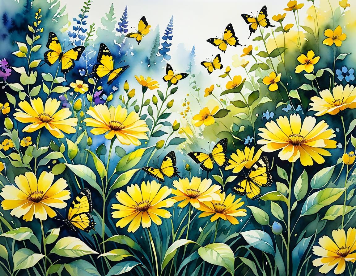 Watercolor Garden with Yellow Butterflies