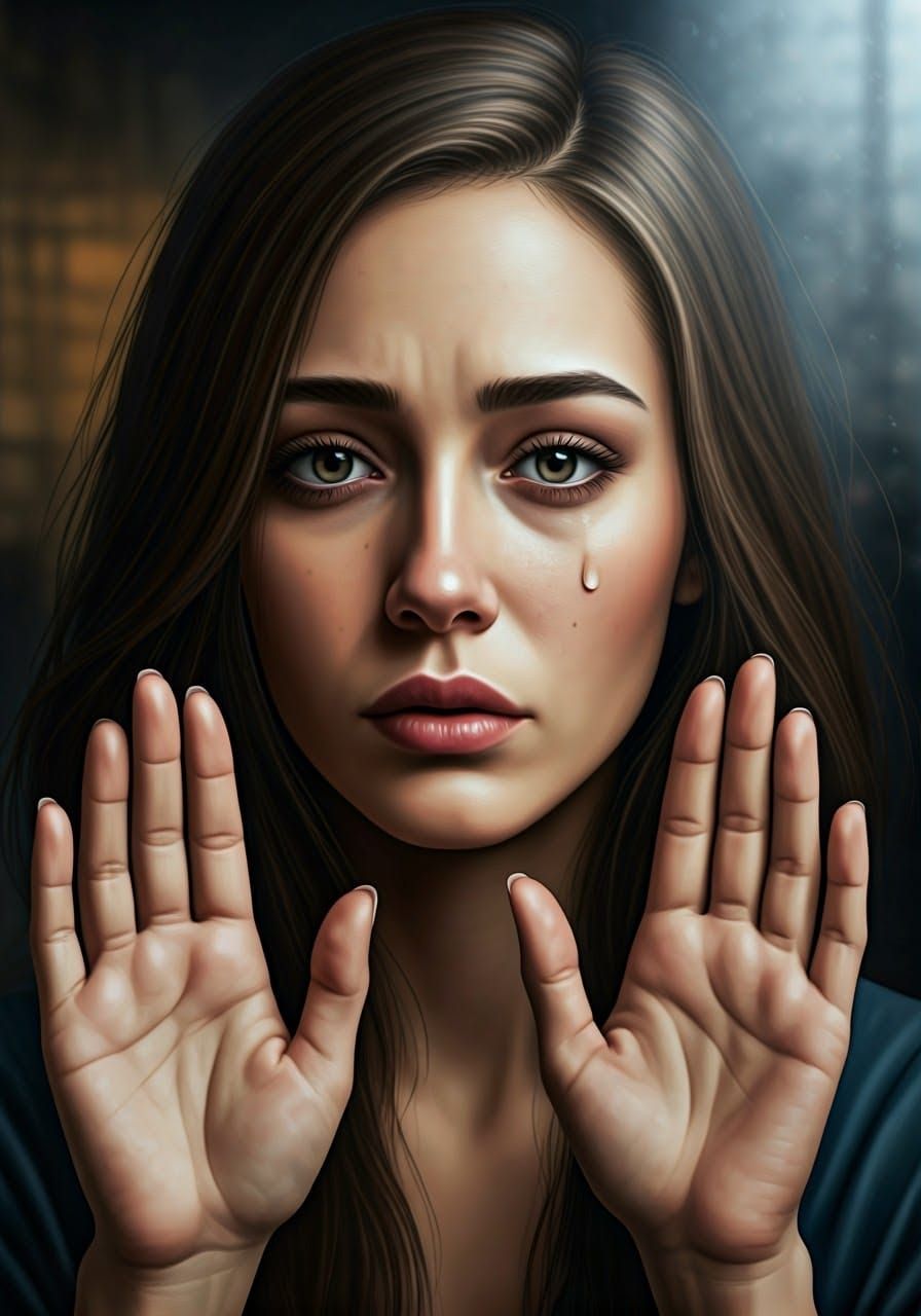 Woman Lost in Contemplation, Hands Pressed Against the Glass