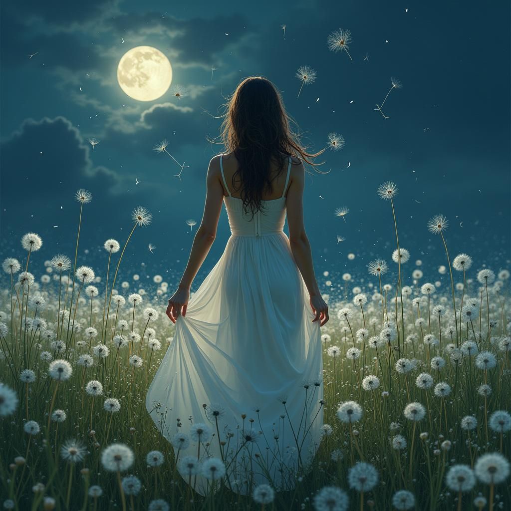 Moonlit Dandelion Field: Serene Woman in Dreamy Landscape