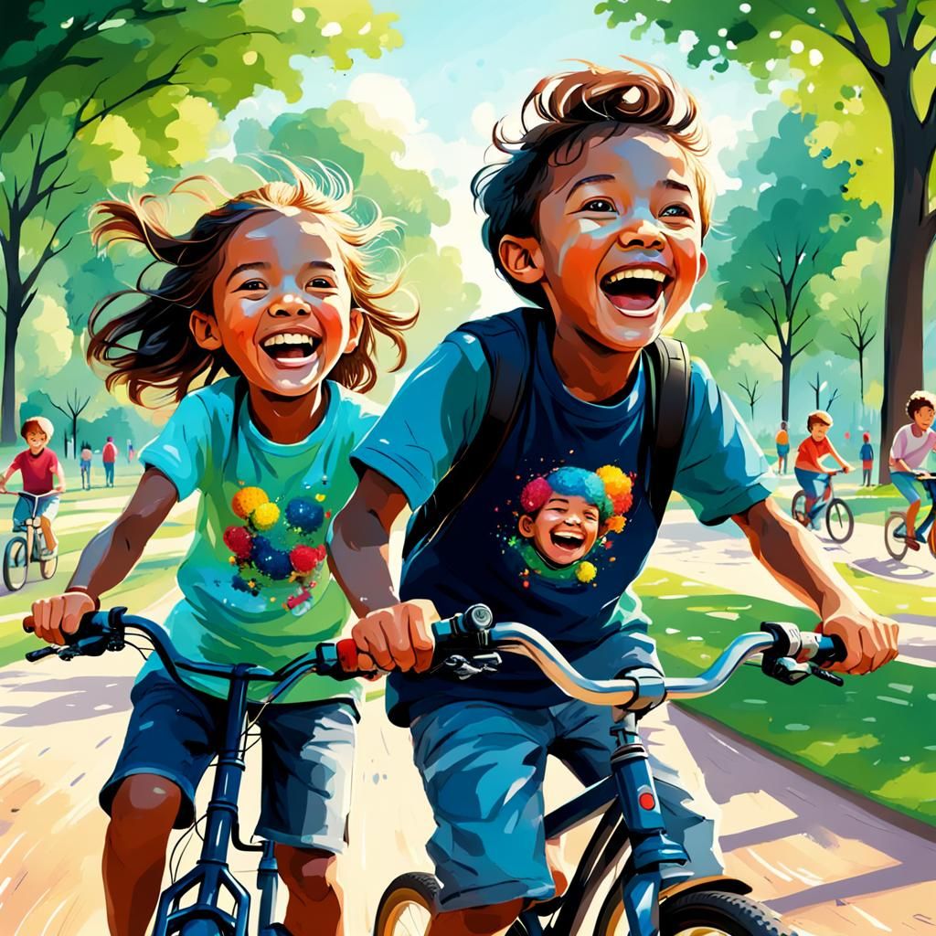 Brother and Sister Riding Bikes: Hyperrealistic Splash Art