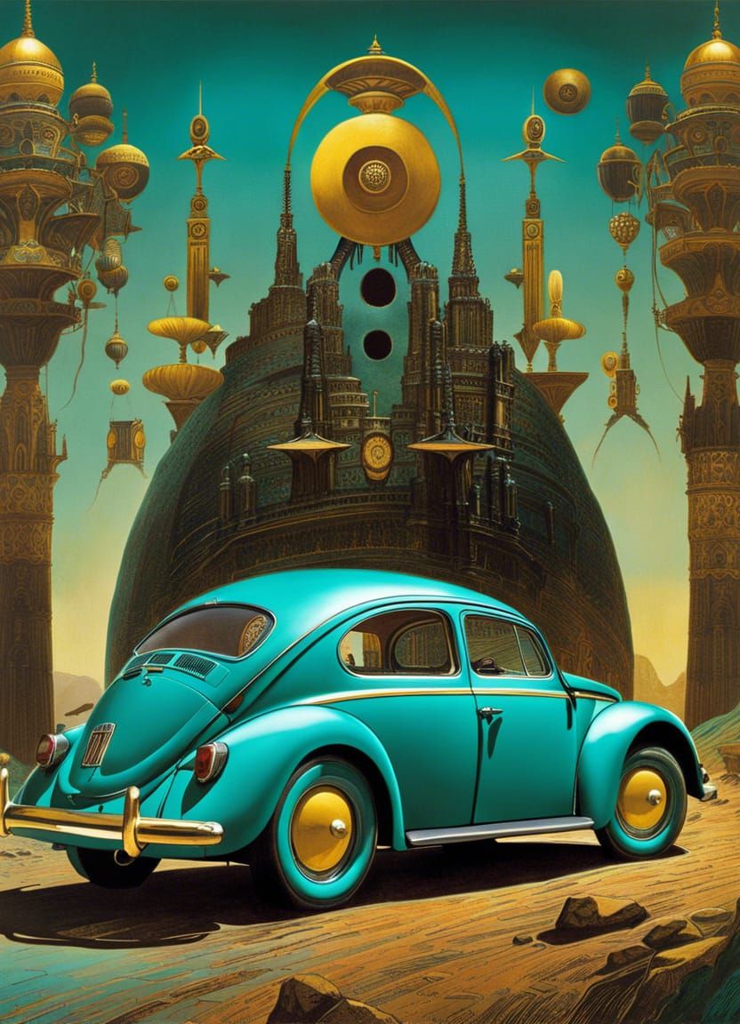 Surreal Turquoise and Gold Volkswagen Beetle