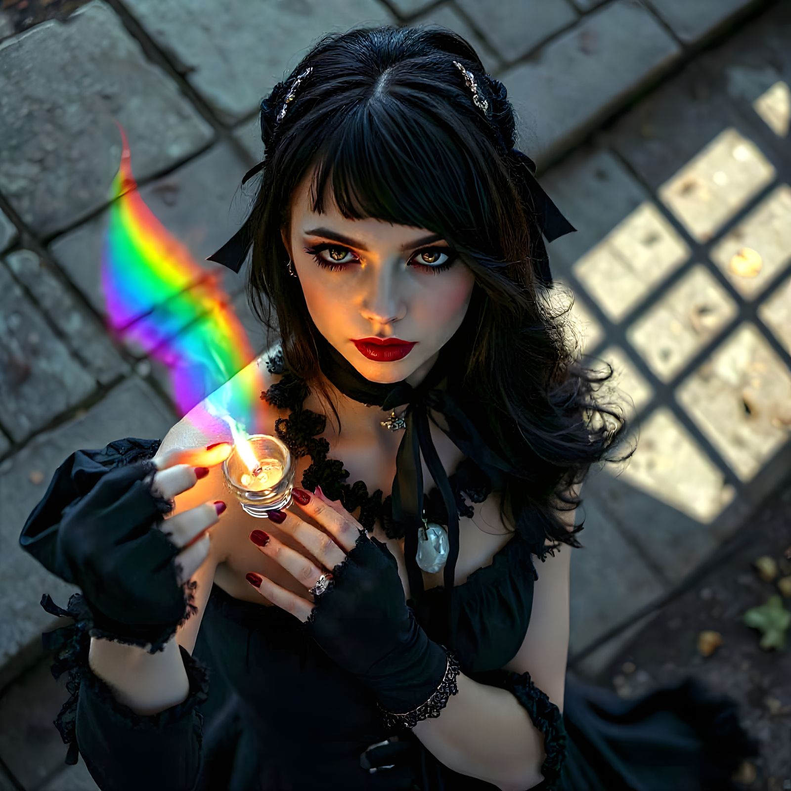 Goth Sorceress Plays With Rainbow Light in Gothic Pin-Up Sty...