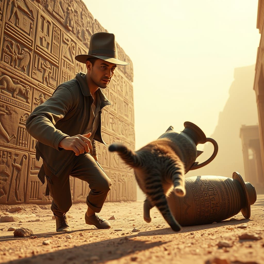 Cinematic Chase Scene with Cat and Fedora, 8K Textures