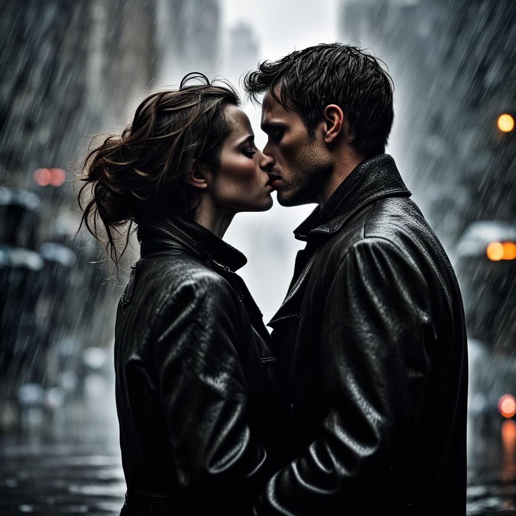 Passionate Kiss in Stormy Gotham Climate