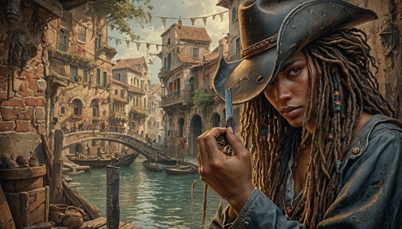 Fantasy Woman with Knife in Venice, Hyperdetailed Art