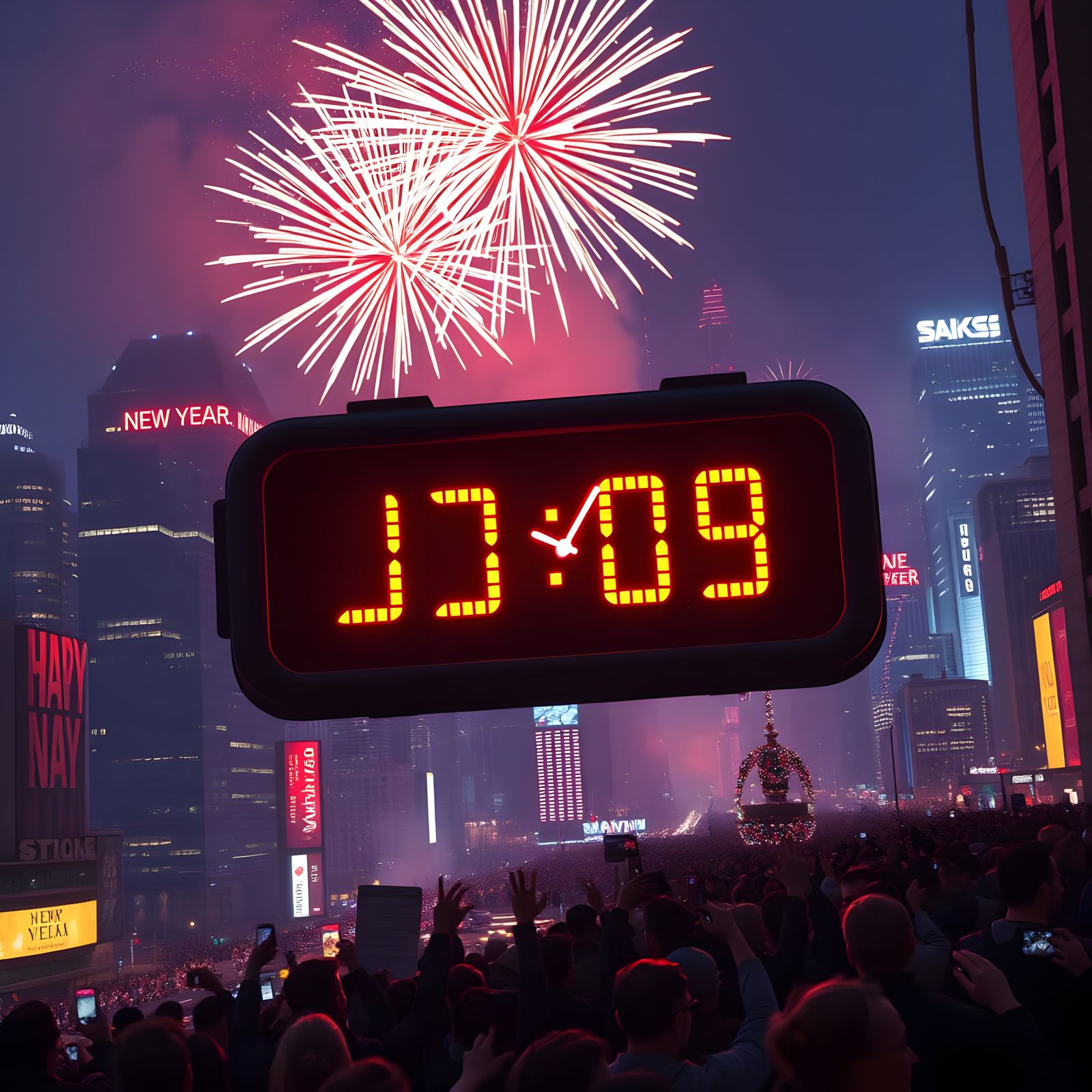 Midnight in a Futuristic Cityscape with Countdown Clocks and...