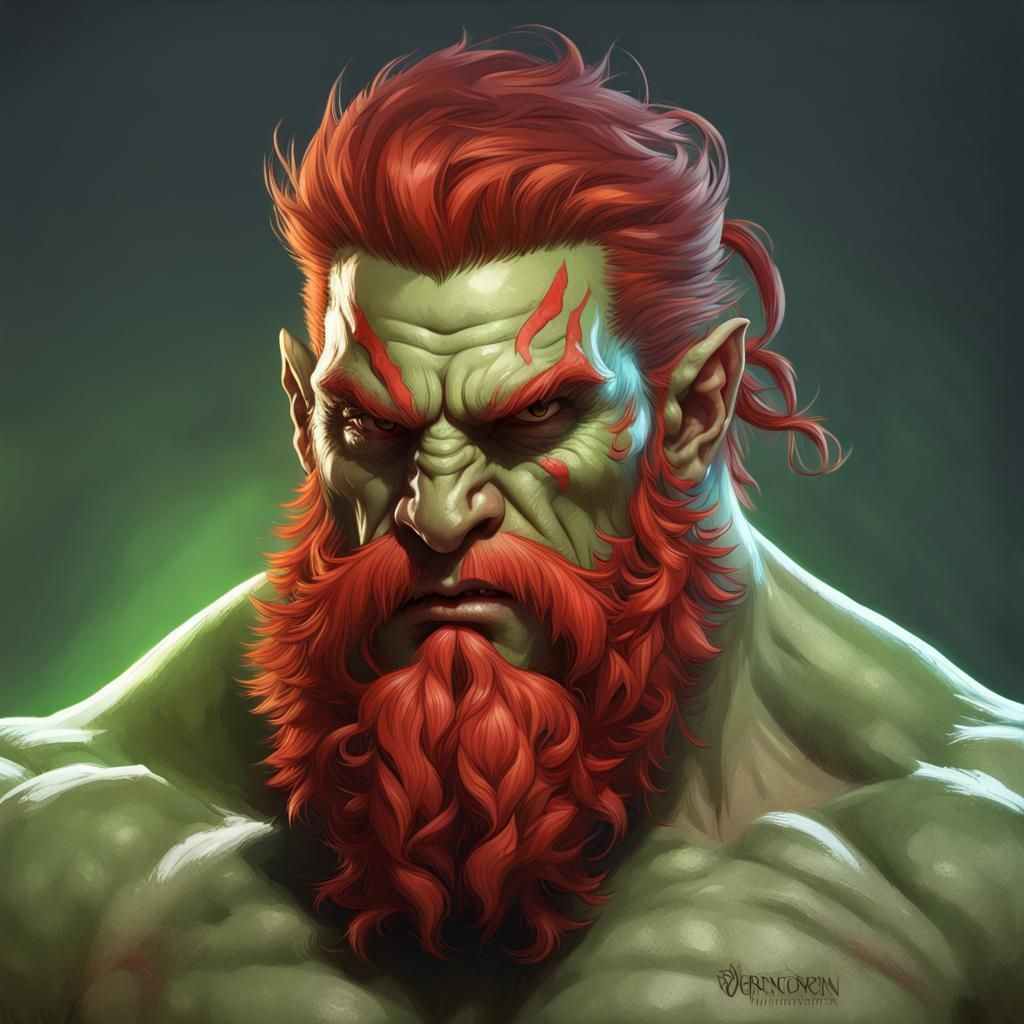 Orc Portrait with Red Hair in Detailed Fantasy Art