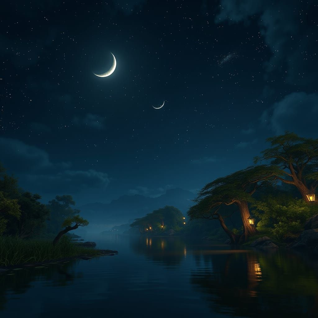 Ethereal Night Sky Above a Serene River Landscape