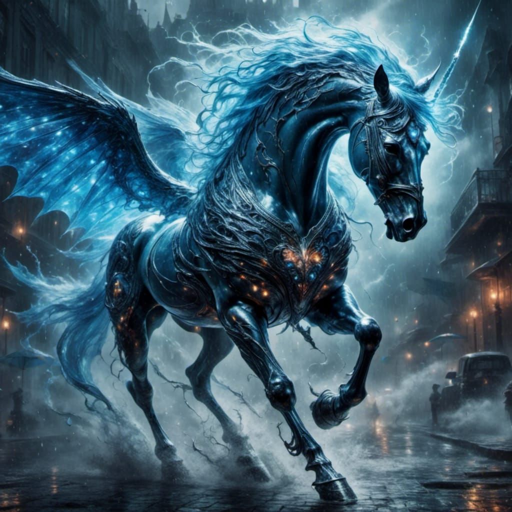Ghostly Dragon-Horse Hybrid Running in the Rain