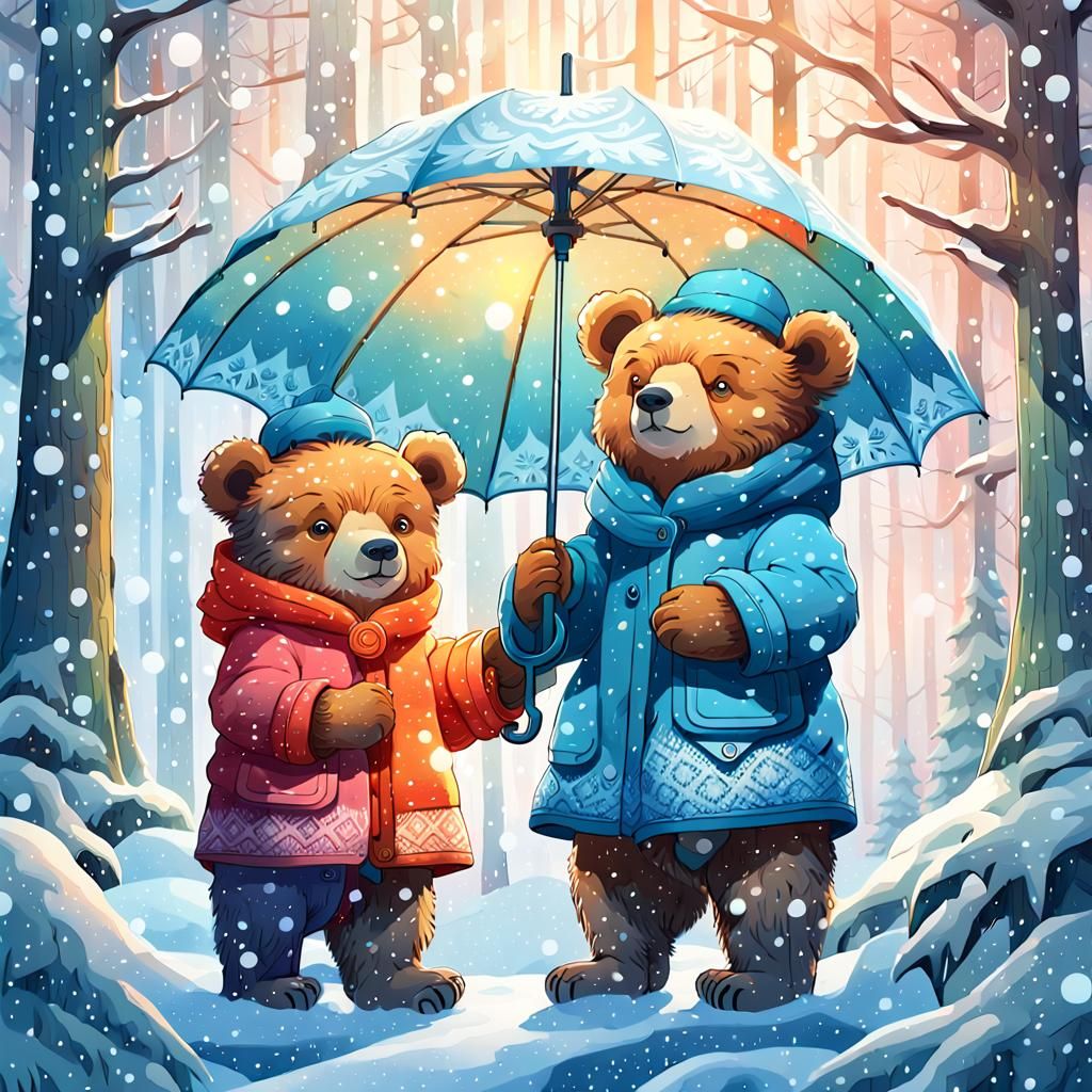 Bears in Winter Forest, Whimsical Concept Art