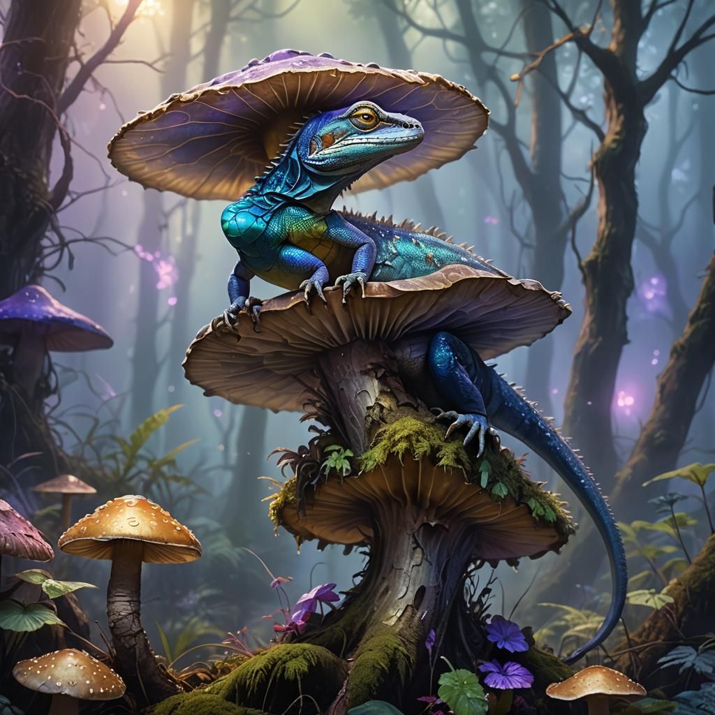 Iridescent Lizard in Misty Forest: Digital Art