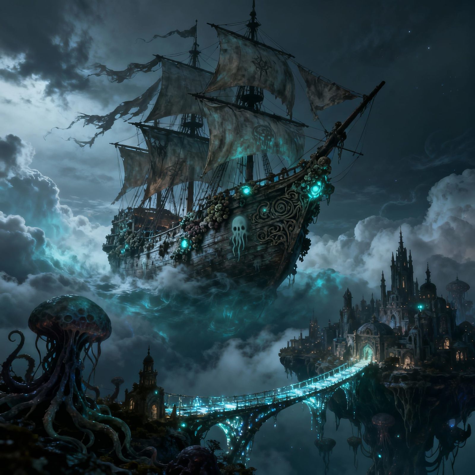 Spectral Galleon Navigates Ethereal Cloud Sea